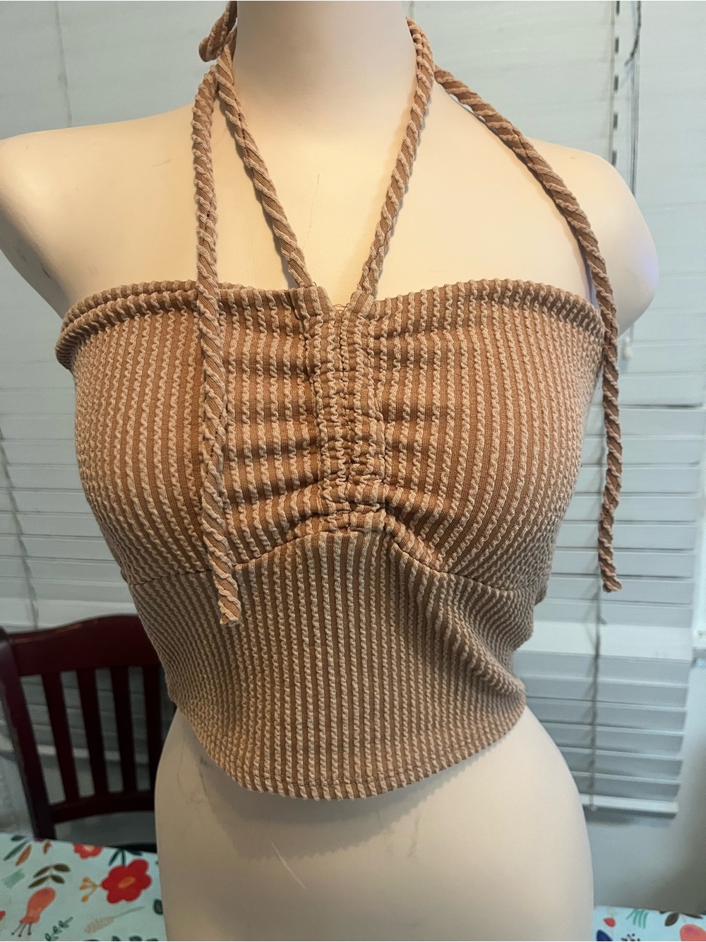 Smocked Halter Ribbed Crop Top - Tan